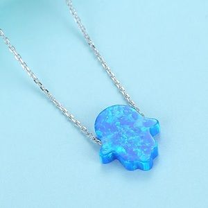 925 Sterling Silver  Chain  Blue Opal Palm Hamsa Hand Necklace